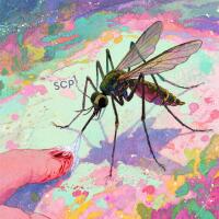 A large mosquito with the letters SCP on its body bites a human finger, surrounded by a swirling, colorful, numbing haze representing an anaesthetic effect.