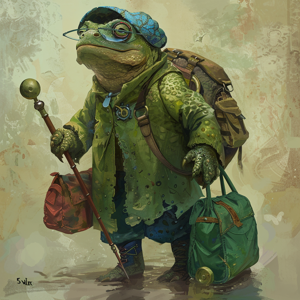 A reptilian creature, upright with a humanoid form, in green attire and cap, dirty blue boots, huge glasses, carrying a scepter with a large knob, and green hamper on wheels for food and supplies.