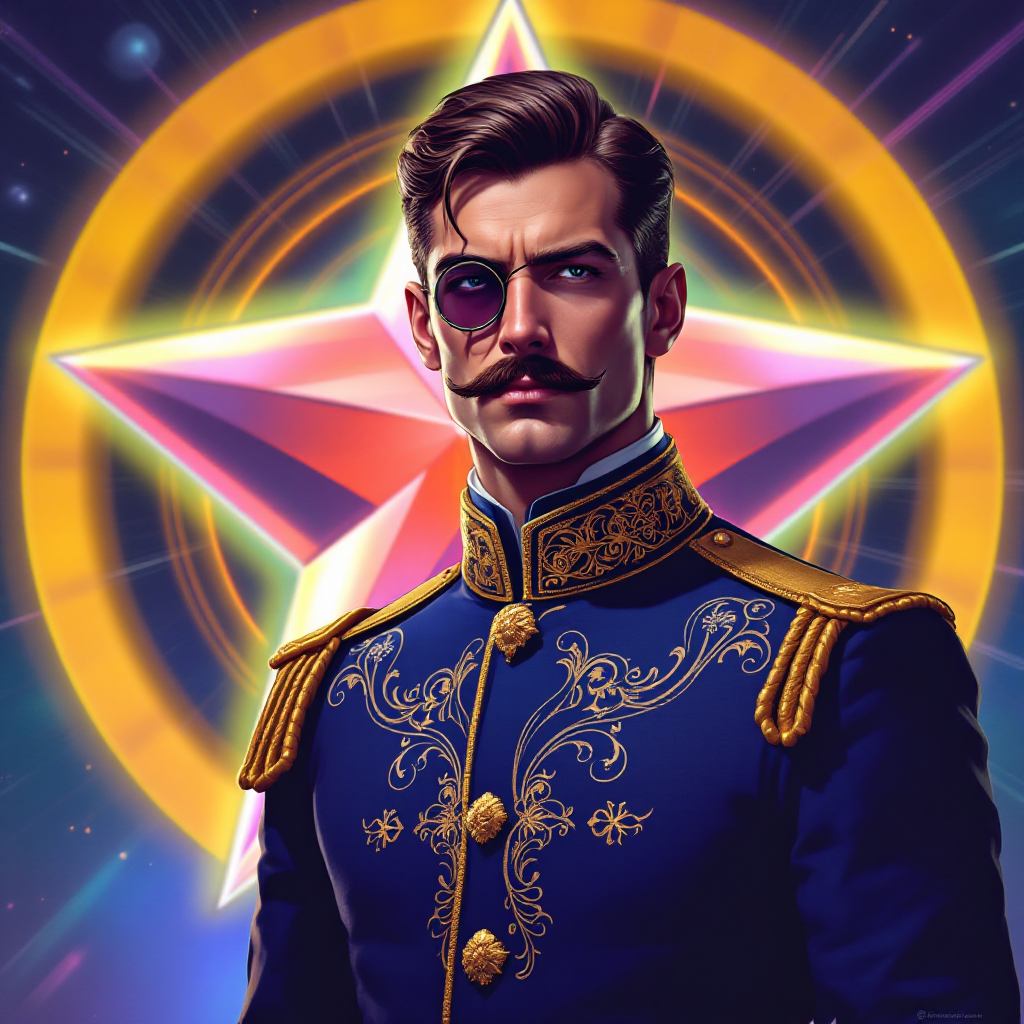 A confident super-lieutenant in a richly adorned uniform, featuring gold braid and a monocle, stands before a star-shaped backdrop, exuding an air of superiority and authority.