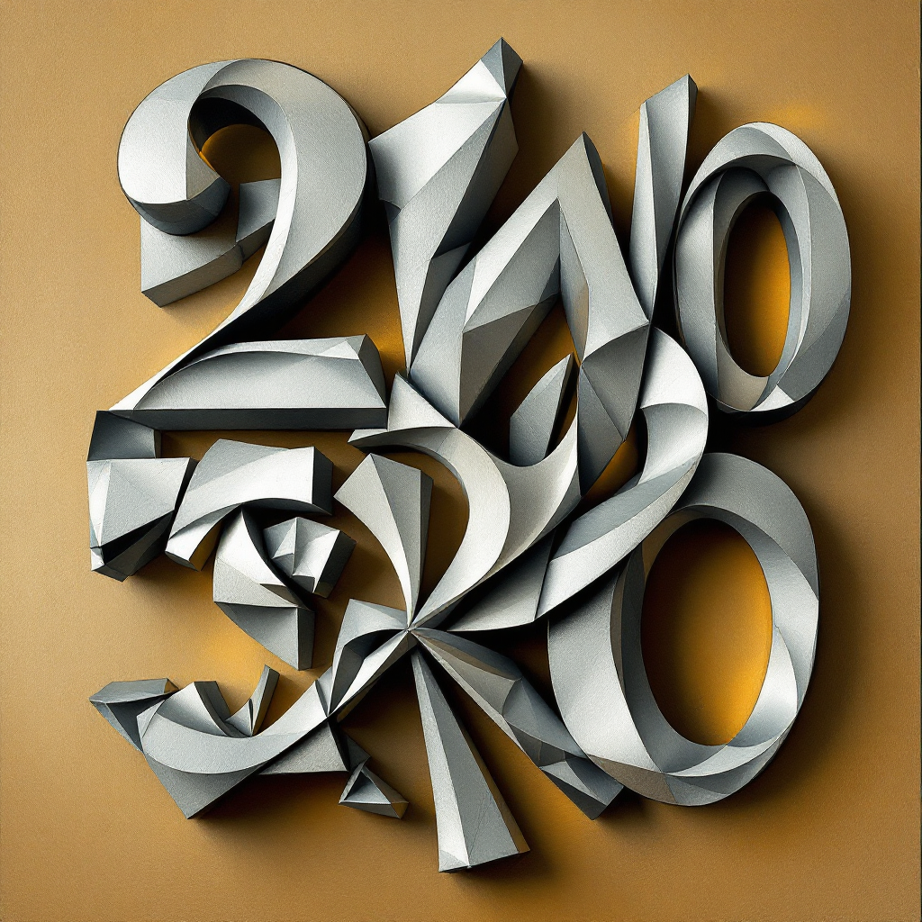 A three-dimensional arrangement of metallic numbers, including 2, 4, 5, and 0, creatively illustrating the quote about the unpredictability of combining numbers.