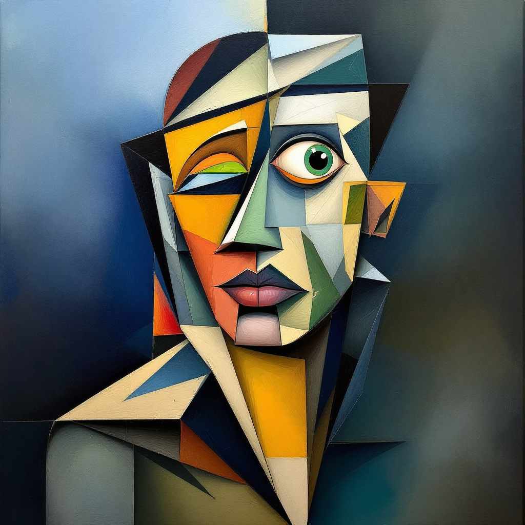 A stylized abstract portrait featuring a fragmented face with bold colors and geometric shapes, reflecting the duality of knowledge as both elevating and perilous.