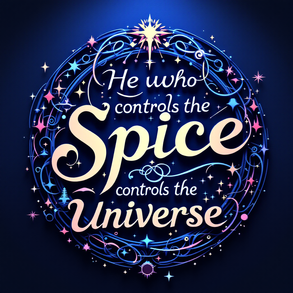 A whimsical design featuring the quote, He who controls the Spice controls the Universe, surrounded by stars and decorative elements in vibrant colors against a dark background.