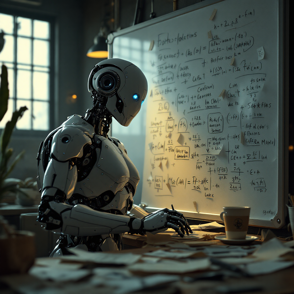 A robotic figure studies complex equations on a whiteboard in a cluttered room, embodying the quote about the need for humans to shift their thinking.