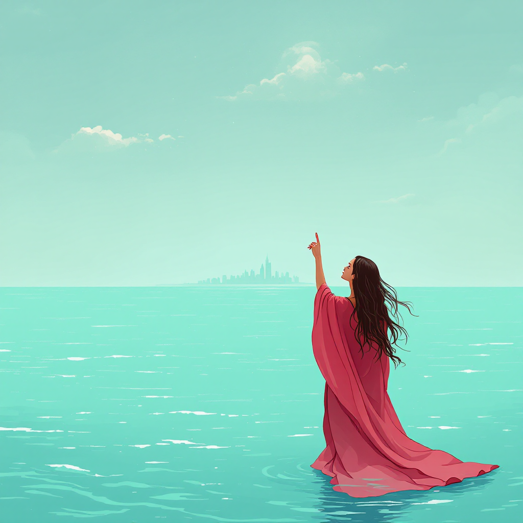 A woman in a flowing red dress stands in calm turquoise waters, gazing towards a distant skyline, embodying the idea that fear dissipates with knowledge.