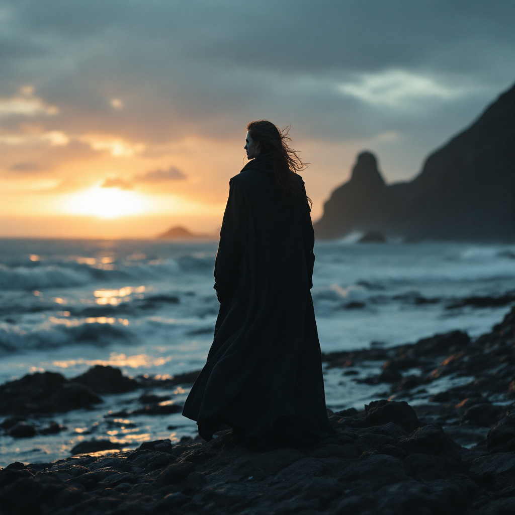 A figure in a long cloak stands on a rocky beach at sunset, gazing at the turbulent waves, embodying the idea that true revenge is to rise above those who cause harm.