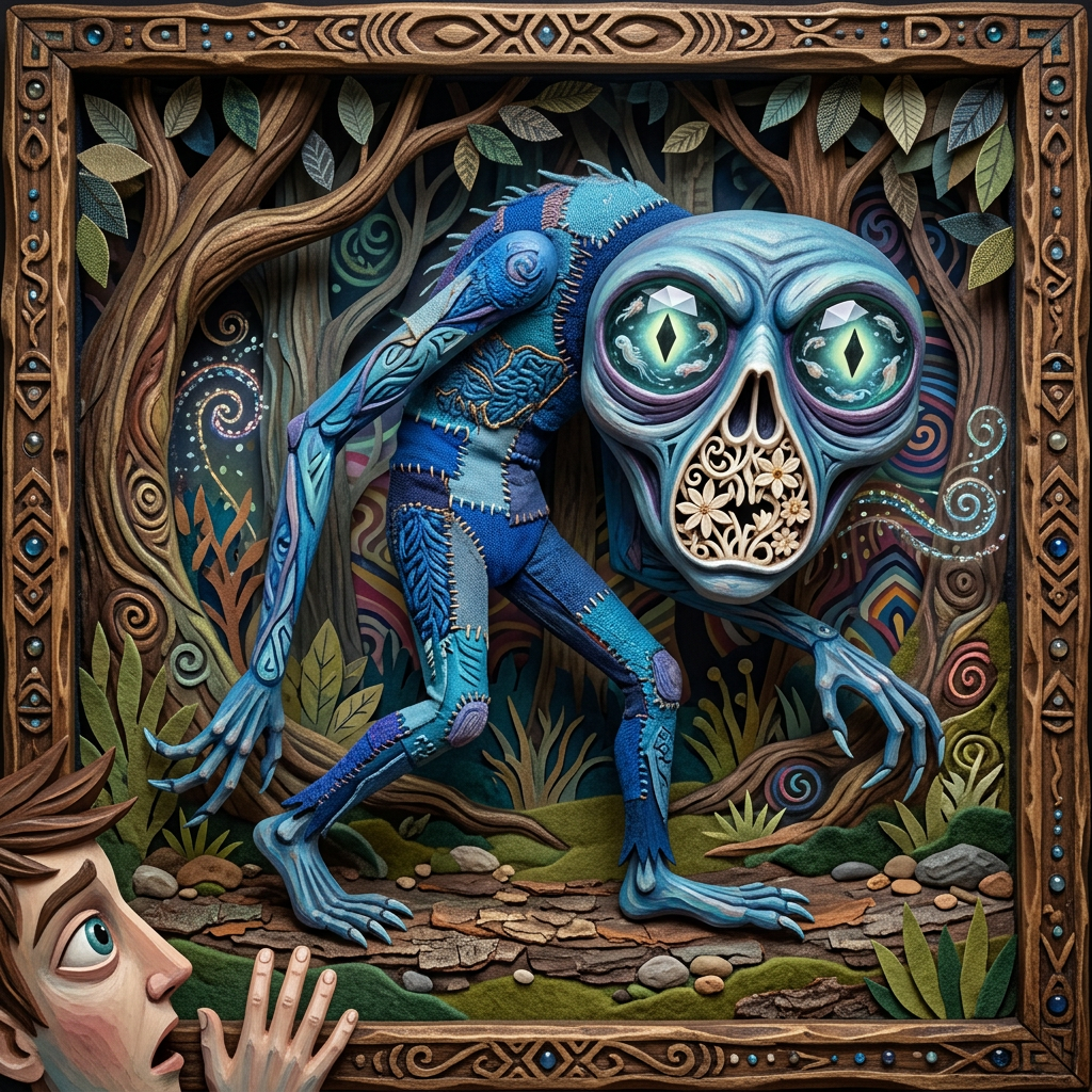 A lanky bluish creature with phosphorescent eyes, diamond pupils, and a nose shaped like an inverted pit of flowery bone, lumbering through a dark forest framed by twisted branches.