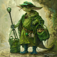 A reptilian emissary in shimmering green clothing and cap, wearing dirty blue boots, holding a scepter, with large glasses, and carrying a green hamper on wheels for food and supplies stands upright.