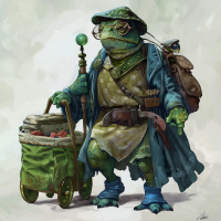 A reptilian creature in shimmering green attire, including a green cap, dirty blue boots, and huge glasses, holding a scepter with a knob and pulling a green hamper on wheels.