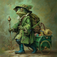 A reptilian creature in shimmering green attire and cap, dirty blue boots, and large glasses. He holds a scepter with a large knob and pulls a green hamper on wheels filled with food and supplies.