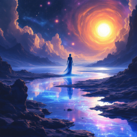 A figure stands by a reflective body of water under a vibrant sunset, surrounded by cosmic clouds and luminous stars, evoking the vast possibilities of a galaxy of a hundred billion suns.