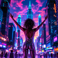 A figure in a shimmering outfit stands with arms raised in a vibrant cityscape at dusk, embodying the quote about stardust and individual brilliance against a backdrop of towering buildings.