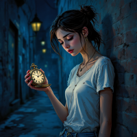 A contemplative young woman holds a vintage pocket watch in a dimly lit, narrow alleyway, embodying the essence of change and its challenges.