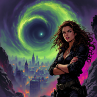 A determined woman stands with arms crossed against a vibrant green vortex above a city in chaos, embodying the fight for what one desires most.