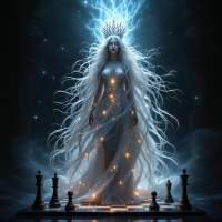 A powerful figure with flowing white hair and a sparkling gown stands on a chessboard, surrounded by swirling lightning, embodying the quote about power and agency in a game of chess.