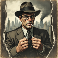 A man in a suit and fedora stands with a cigarette, looking serious amid a smoky urban skyline, embodying the quote, The man who knows too much is in trouble.