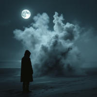 A figure in a dark coat stands on a shore under a full moon, surrounded by swirling clouds, embodying the struggle between personal darkness and external light.