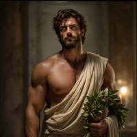 A muscular man in a draped toga stands confidently, holding a laurel wreath, reflecting the quote, A man can’t be brave if he has no fear, with a contemplative expression.