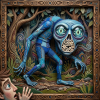 A lanky bluish creature with phosphorescent eyes, diamond pupils, and a nose shaped like an inverted pit of flowery bone, lumbering through a dark forest framed by twisted branches.