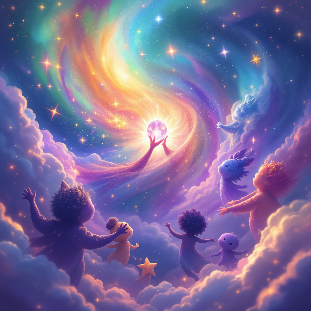 A vibrant cosmic scene depicts diverse figures reaching toward a radiant orb, symbolizing unity and understanding among the stars, inspired by the quote on true power.