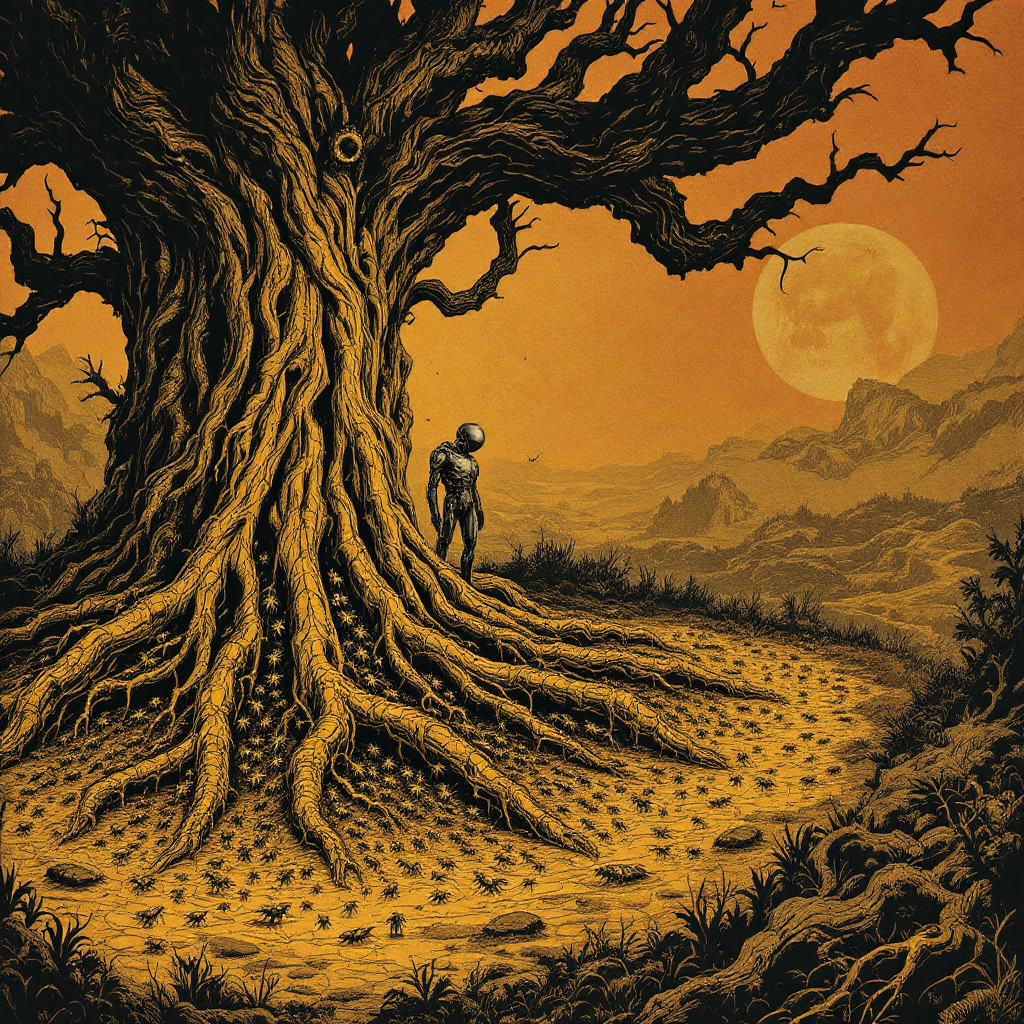 A towering, gnarled tree looms under a deep orange sky, its roots sprawling across a rocky landscape. A lone figure stands nearby, evoking a sense of mystery and impending transformation.