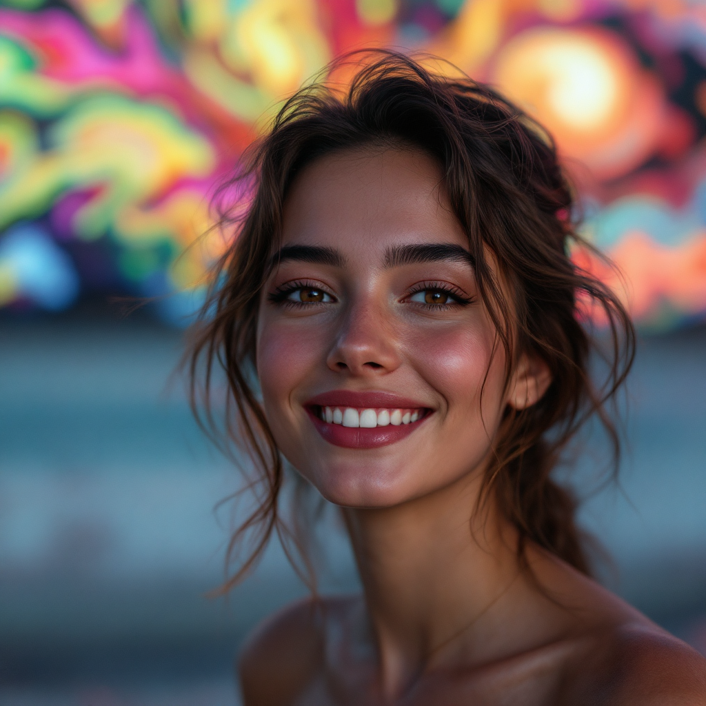 A smiling young woman with wavy hair, glowing skin, and a vibrant, colorful background, embodying the transformative beauty described in Anne Abbott's quote about specific charm.