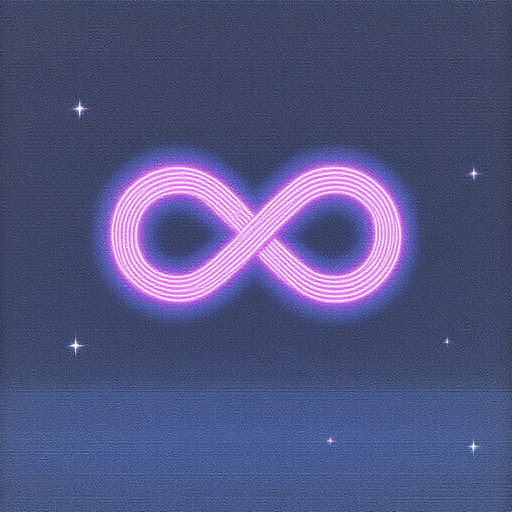 A glowing pink infinity symbol is centered against a dark blue background, speckled with small stars, capturing the essence of the quote about infinity's perceived flatness.