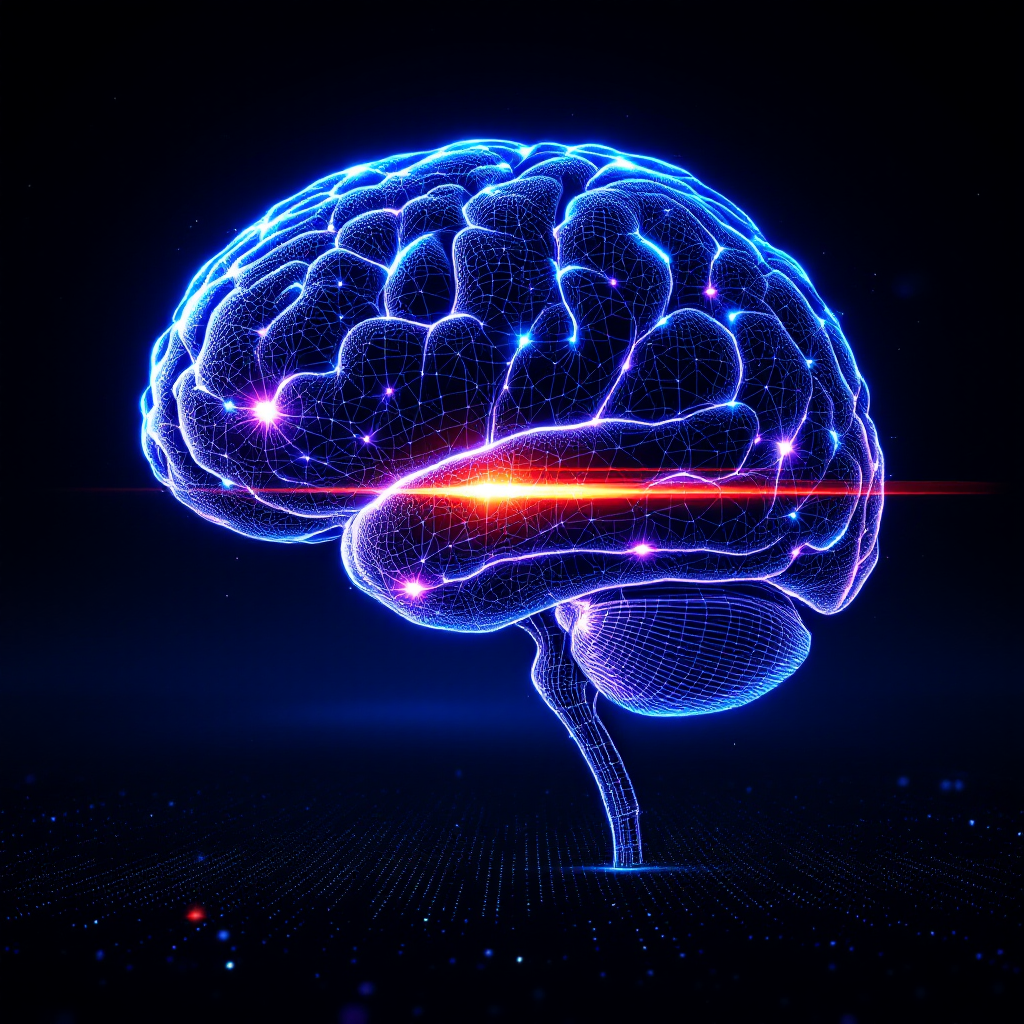 A glowing blue and purple digital brain emits a radiant beam of light, emphasizing the immense power and potential of the human mind against a dark, abstract background.