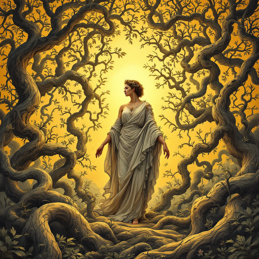 A woman in flowing garments stands amidst twisting branches and vines, illuminated by a warm golden light, embodying the intricate, non-linear nature of evolution.