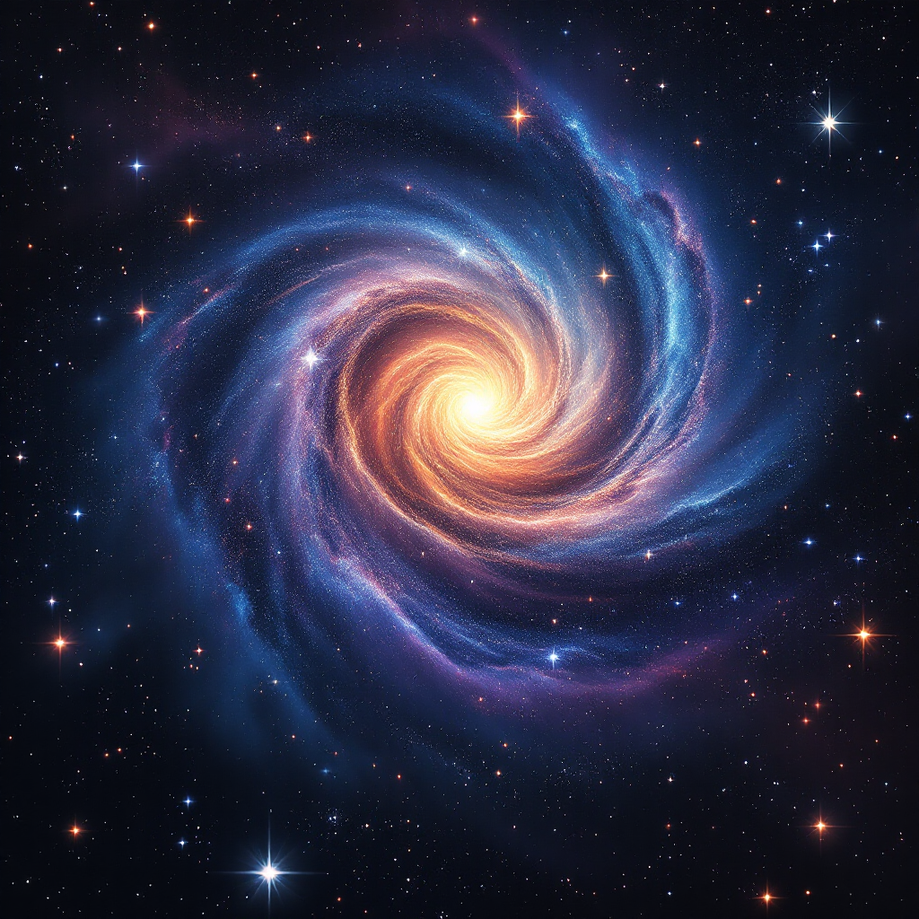 A vibrant spiral galaxy swirling with shades of blue and orange, surrounded by countless stars, embodying the vast wonders of the universe waiting to be discovered.