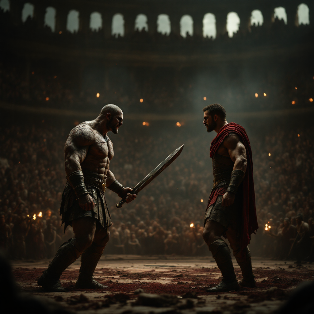 A dramatic scene in an arena, two gladiators face off, swords drawn, as a crowd watches intently, highlighting the spectacle and underlying suffering in their fight.