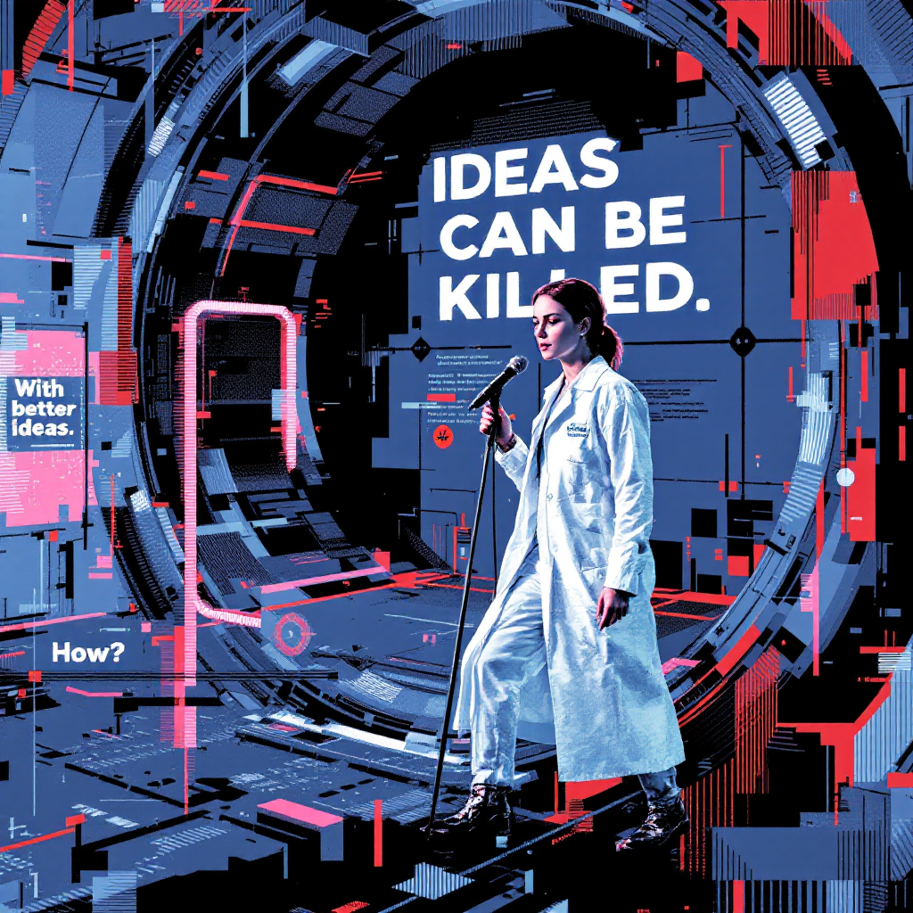 A person in a white lab coat stands inside a futuristic airlock with the words IDEAS CAN BE KILLED and With better ideas displayed, illustrating the quote on idea competition.
