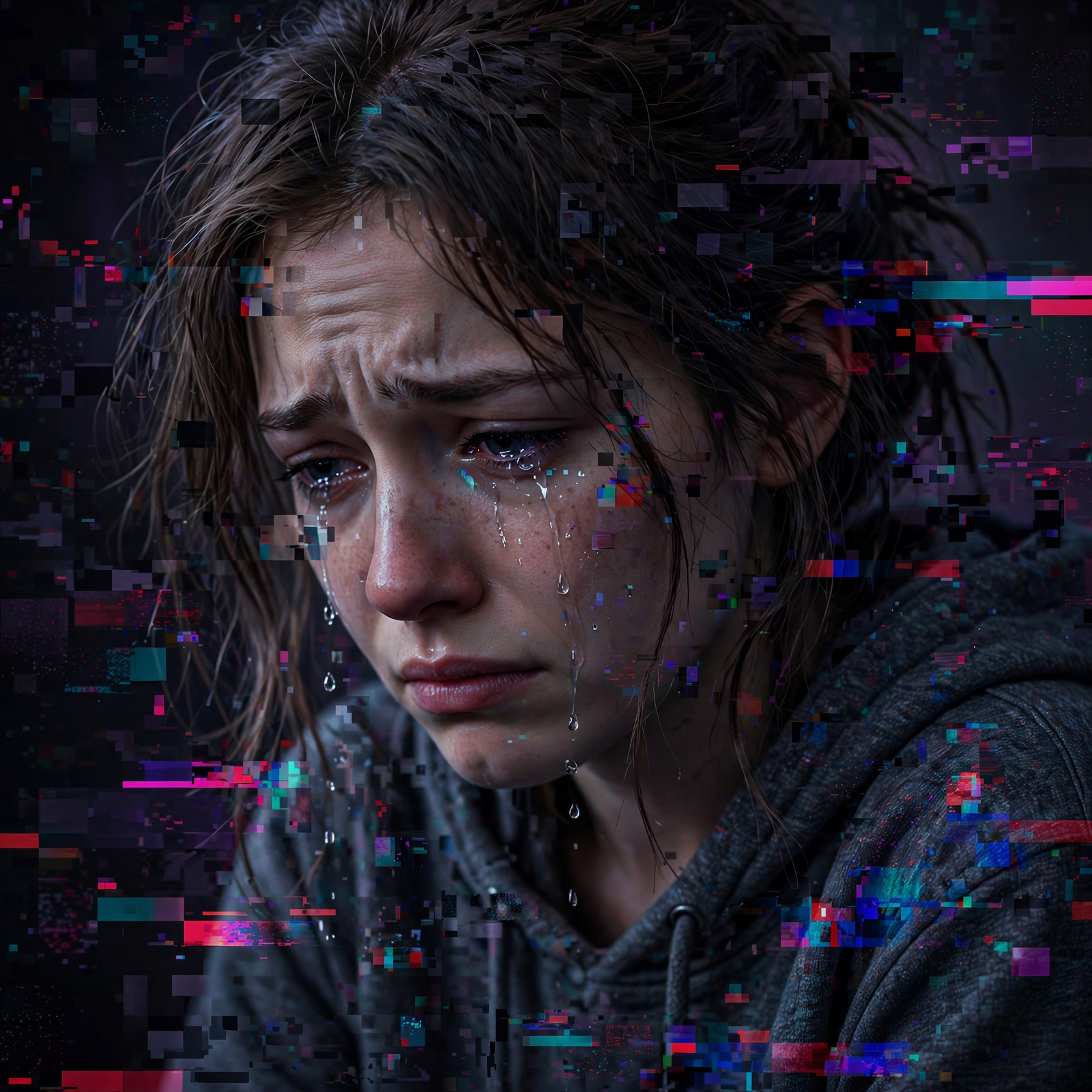 A young woman with tear-streaked cheeks looks down sorrowfully, her face marked by digital glitches, embodying the intense, familiar pain of self-hatred.