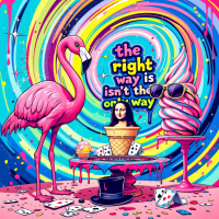 A colorful, whimsical scene featuring a pink flamingo, a whimsical ice cream cone, and a Mona Lisa figure with sunglasses, surrounded by vibrant swirls and the quote the right way isn't the only way.