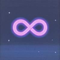 A glowing pink infinity symbol is centered against a dark blue background, speckled with small stars, capturing the essence of the quote about infinity's perceived flatness.