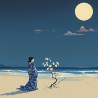 A serene scene at night features a woman in a blue kimono gazing at a large moon over the ocean, with a solitary blossoming branch beside her, reflecting on the quote about ignorance.