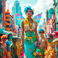 A vibrant street scene filled with colorful figures, featuring a central figure in a floral outfit with wings, embodying individuality in a transformed world.