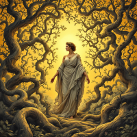 A woman in flowing garments stands amidst twisting branches and vines, illuminated by a warm golden light, embodying the intricate, non-linear nature of evolution.