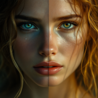 A split-image portrait of a young woman, showcasing both beauty and a hint of sadness in her expressive eyes, capturing the essence of the quote about beauty and tragedy.