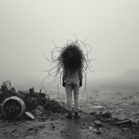 A figure with tangled branches for hair stands in a desolate landscape, embodying chaos and resilience amidst a foggy, muted backdrop.