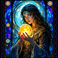 A mystical woman with flowing hair holds a glowing orb, surrounded by intricate stained glass patterns, embodying the essence of wisdom and the power of knowledge.