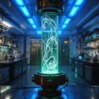 A glowing glass tube filled with swirling, luminous strands is set in a high-tech lab, surrounded by scientific equipment and illuminated by a cool blue light.