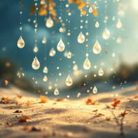Raindrops suspended midair, glowing softly as they fall toward a sunlit, sandy ground scattered with autumn leaves, reflecting the transient nature of life.
