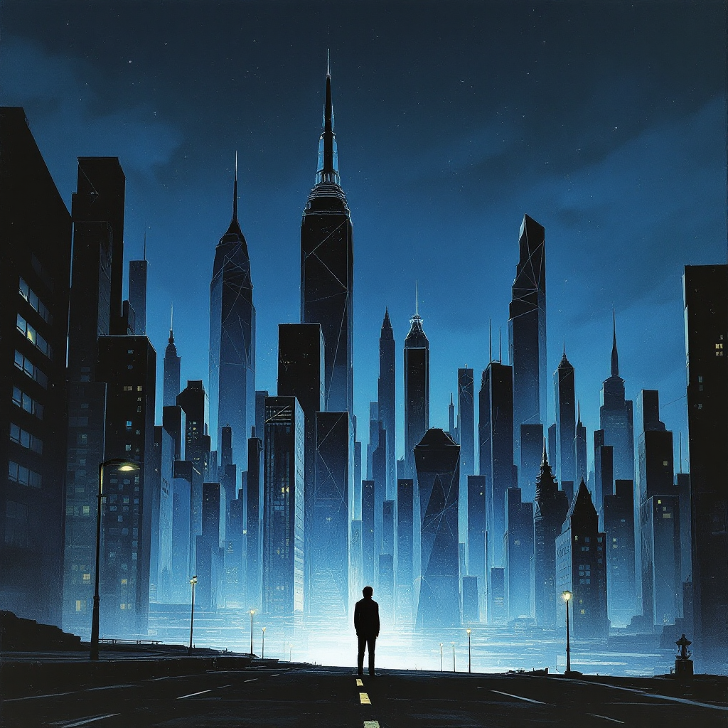 A silhouetted figure stands on a deserted street, gazing at an illuminated city skyline at night, embodying the concept of choice and expectation amidst good and bad days.