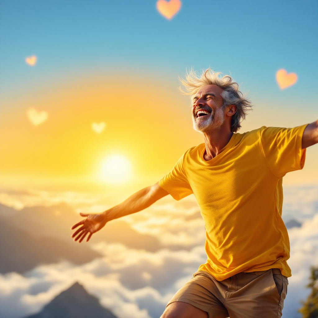 A joyful older man in a bright yellow shirt stands atop a mountain, arms outstretched, surrounded by a vibrant sunset and floating heart shapes, symbolizing liberation from bitterness.