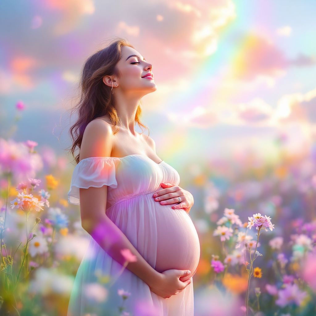 A pregnant woman stands serenely in a vibrant flower field, joyfully embracing her journey ahead, with a dreamy, colorful sky enhancing the feeling of new beginnings.