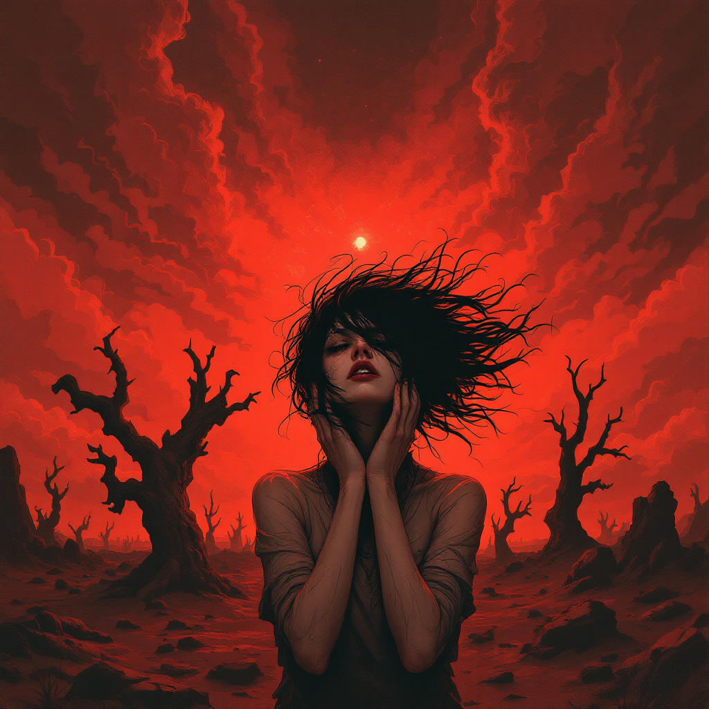 A woman stands in a desolate landscape, surrounded by barren trees, with wild hair and a distressed expression against a dramatic red sky, embodying the struggle of being trapped in one's own mind.