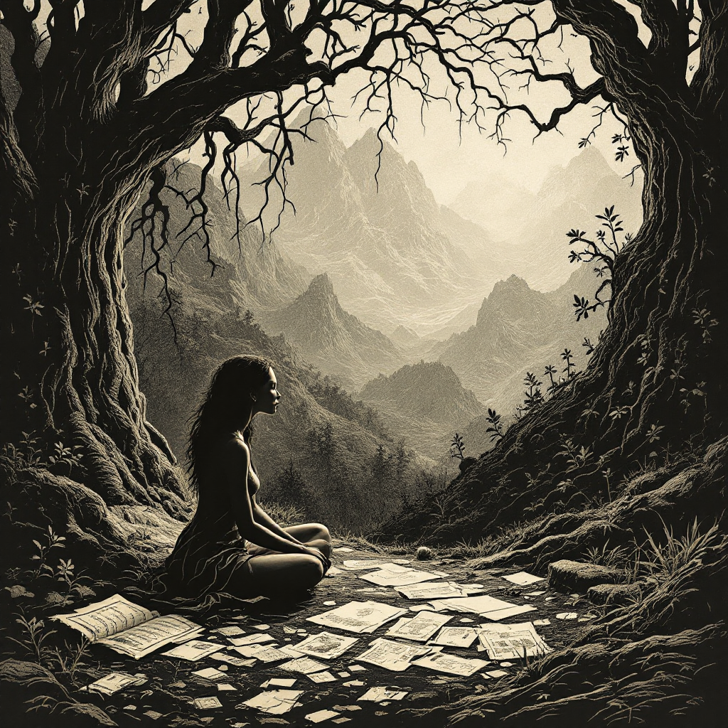 A contemplative figure sits cross-legged among scattered papers, framed by dramatic trees and mountains, embodying the essence of imagined realities that shape history.