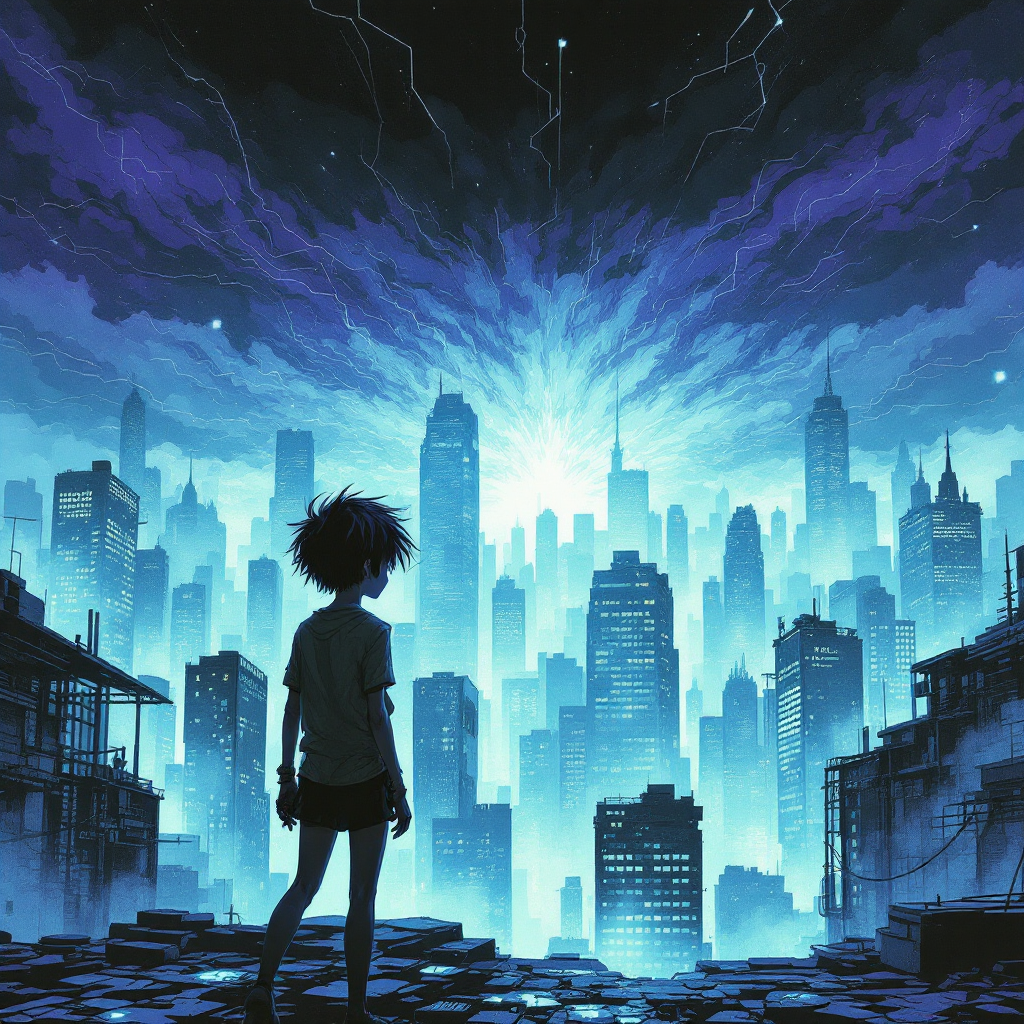 A figure stands on a rooftop, gazing out over a vibrant, stormy cityscape illuminated by blue lightning, embodying the quote: Sleep is the enemy of the storm.