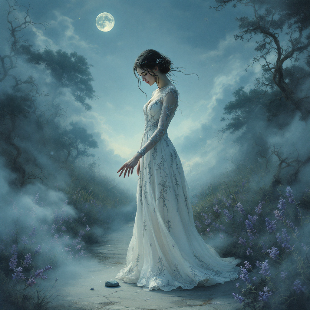 A woman in a flowing white dress stands on a misty path under a full moon, contemplating a stone at her feet, embodying the idea that life is shaped by choices.