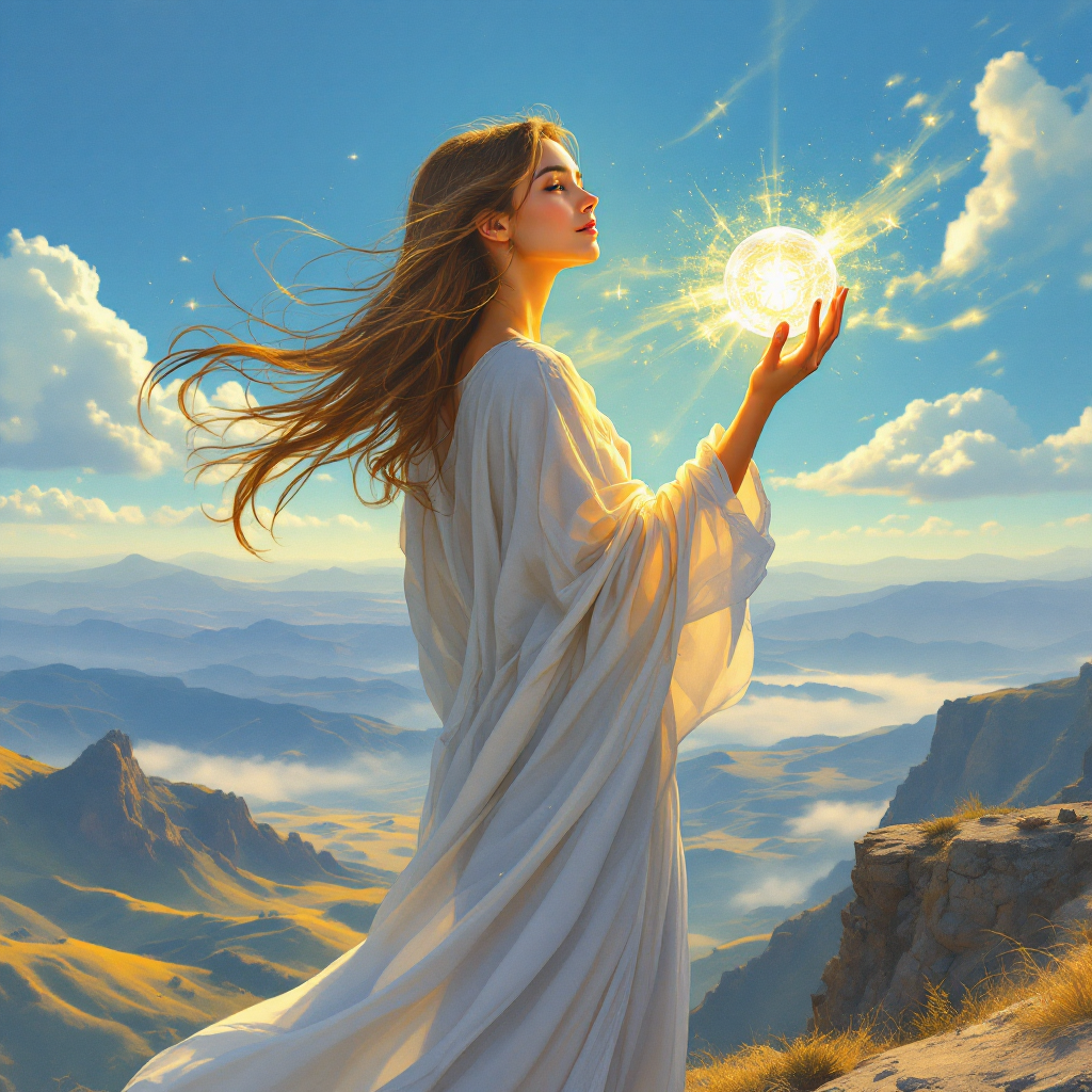 A woman in a flowing white robe stands on a mountain peak, holding a glowing orb in her hands, embodying the essence of hope against a vibrant sky and distant mountains.